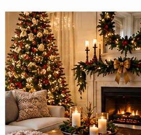 Festively decorated Christmas tree in a warm living room
